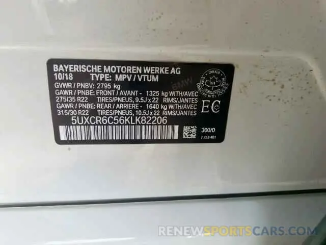 10 Photograph of a damaged car 5UXCR6C56KLK82206 BMW X5 2019