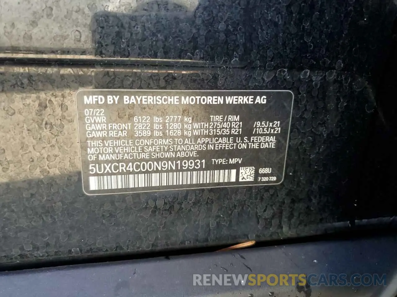 14 Photograph of a damaged car 5UXCR4C00N9N19931 BMW X5 2022
