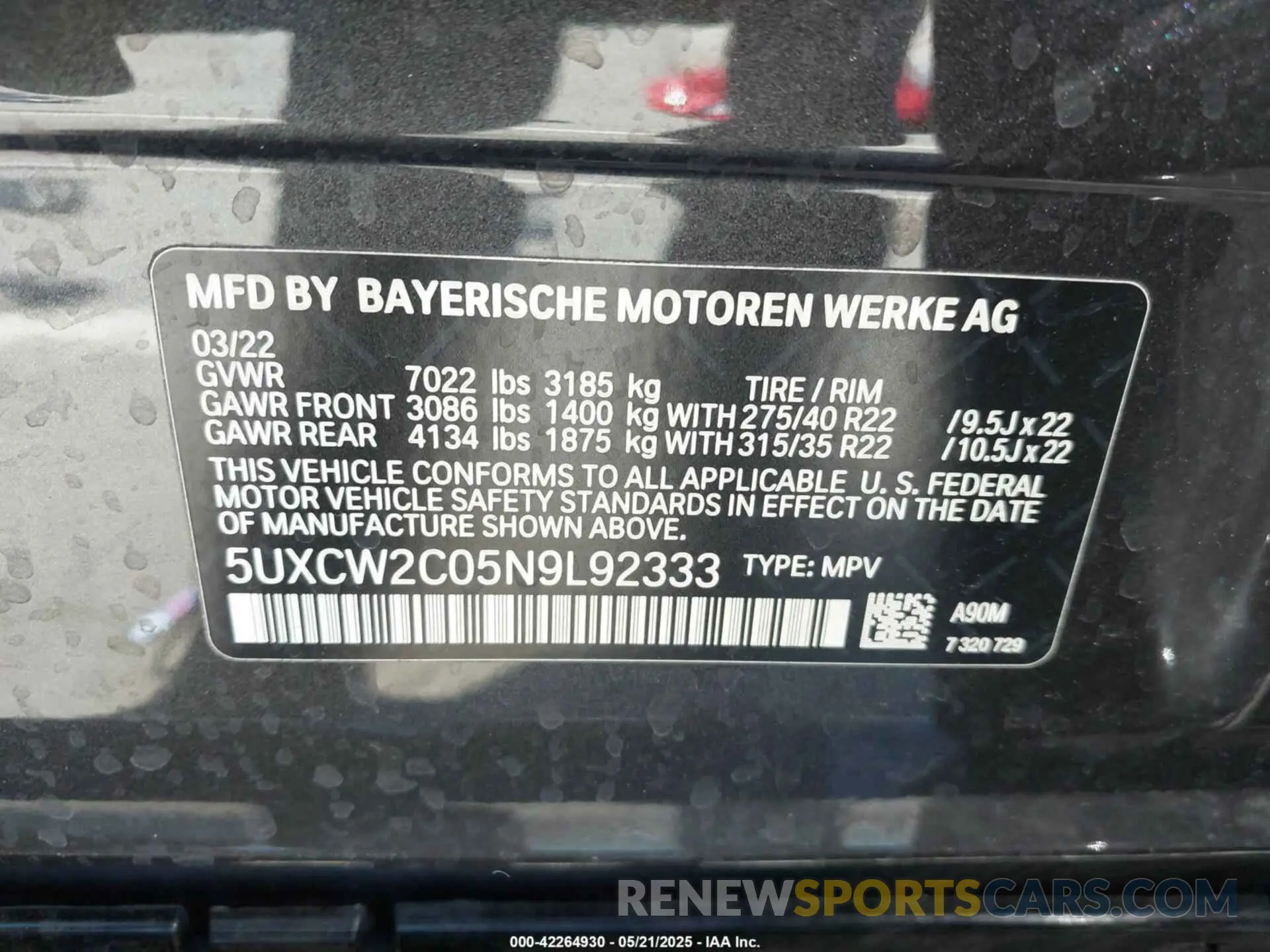 9 Photograph of a damaged car 5UXCW2C05N9L92333 BMW X7 2022