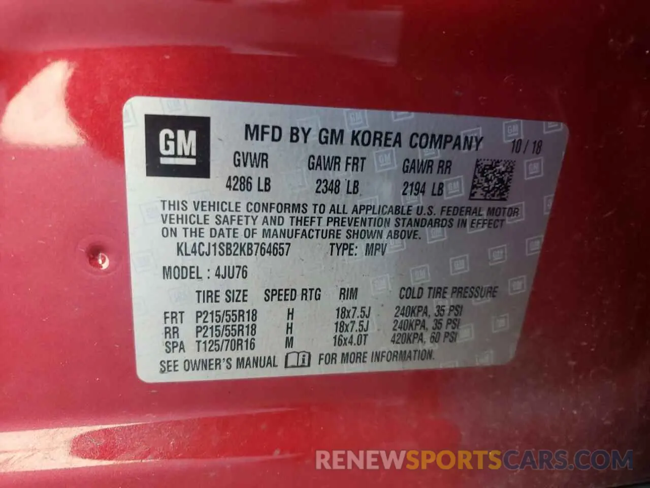 14 Фотография поврежденного автомобиля KL4CJ1SB2KB764657 BUICK ENCORE 2019