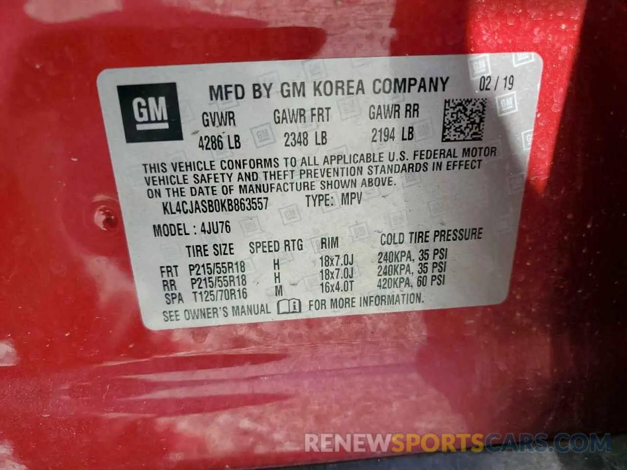 13 Фотография поврежденного автомобиля KL4CJASB0KB863557 BUICK ENCORE 2019