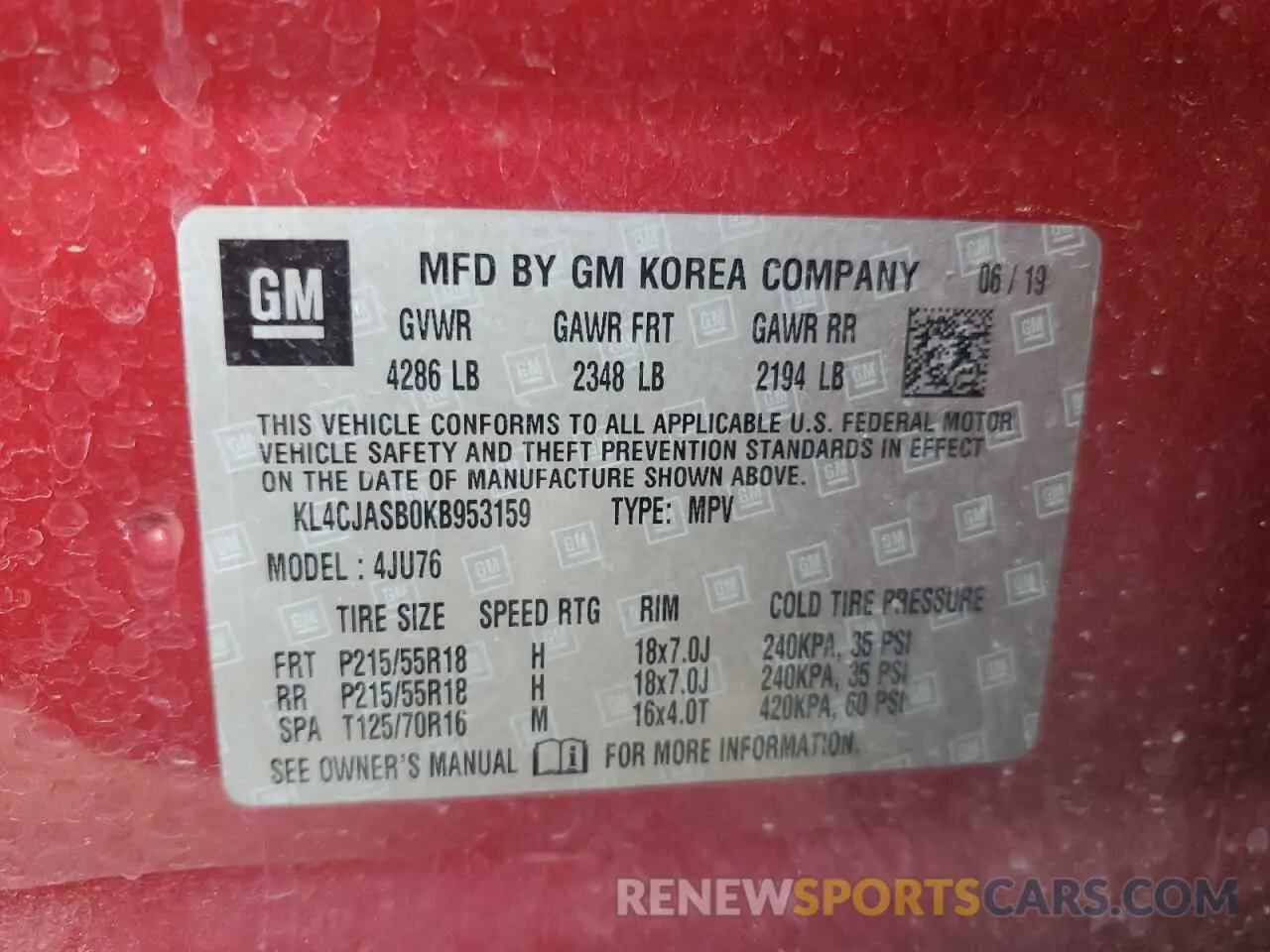 13 Фотография поврежденного автомобиля KL4CJASB0KB953159 BUICK ENCORE 2019