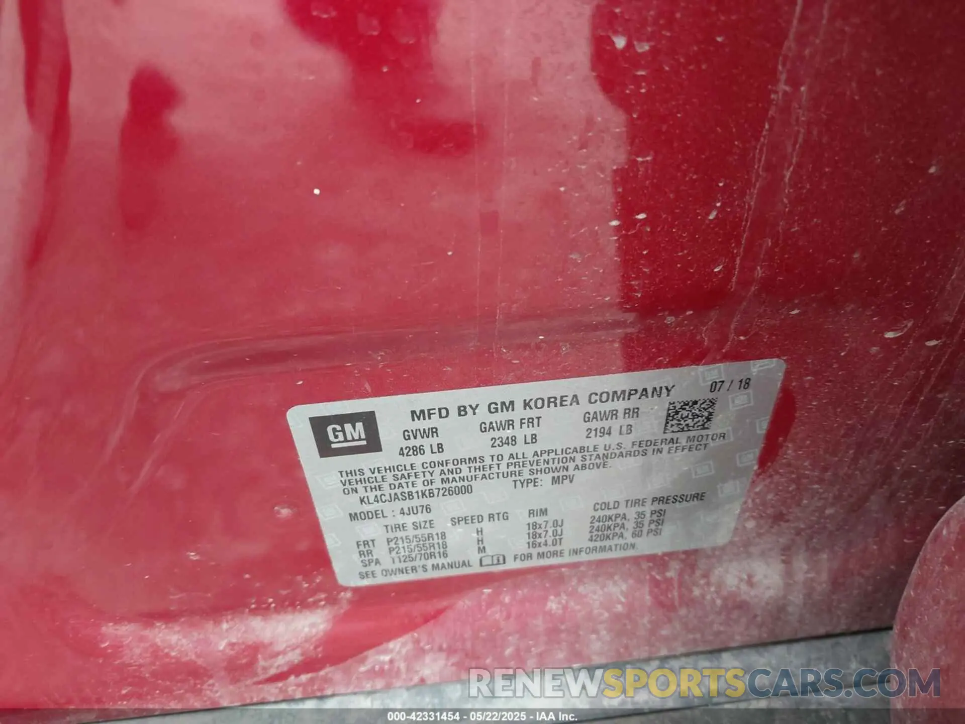 9 Фотография поврежденного автомобиля KL4CJASB1KB726000 BUICK ENCORE 2019
