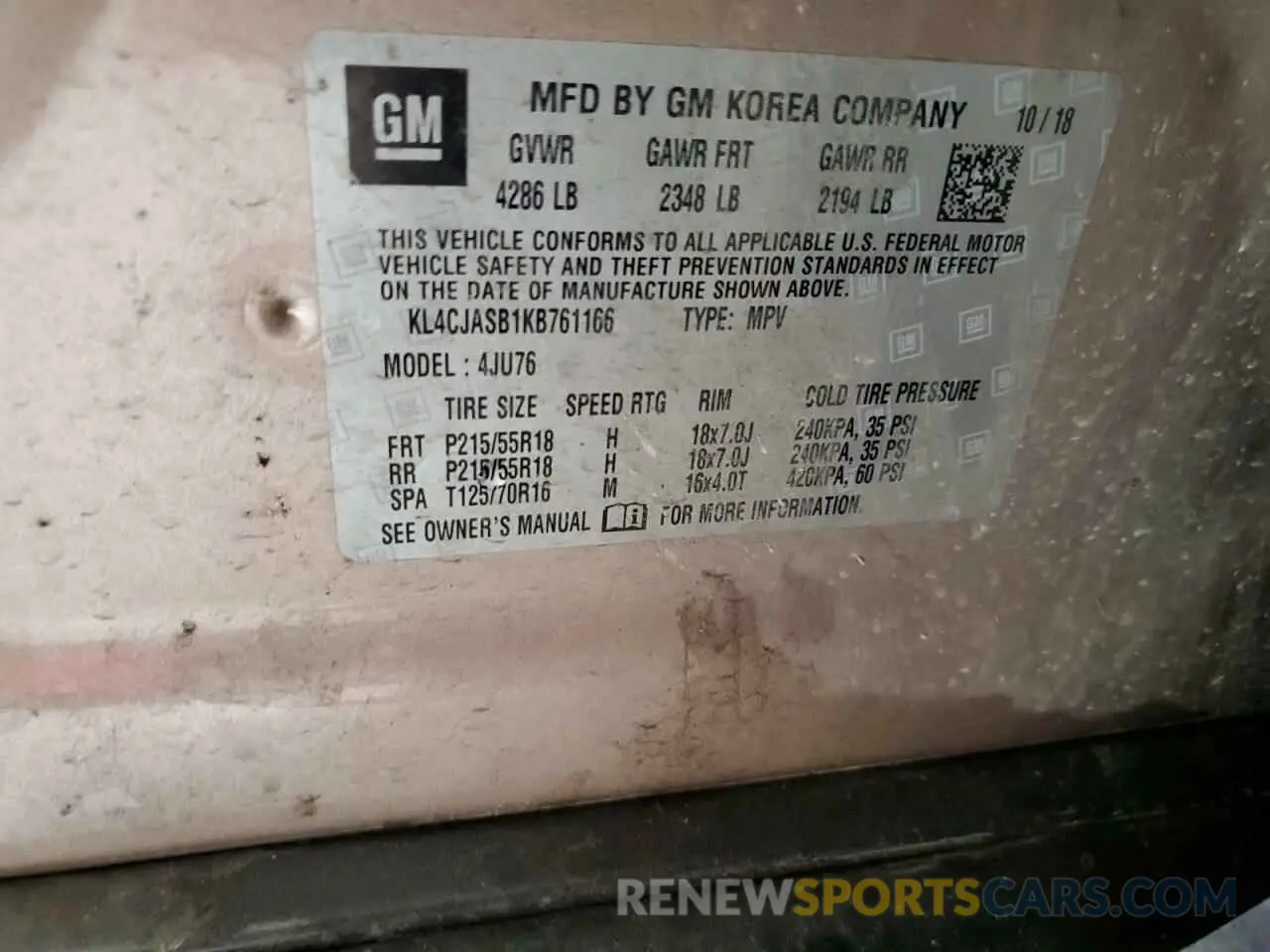 13 Фотография поврежденного автомобиля KL4CJASB1KB761166 BUICK ENCORE 2019