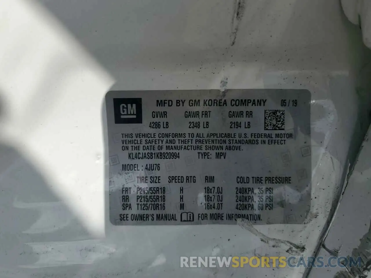 13 Photograph of a damaged car KL4CJASB1KB920994 BUICK ENCORE 2019
