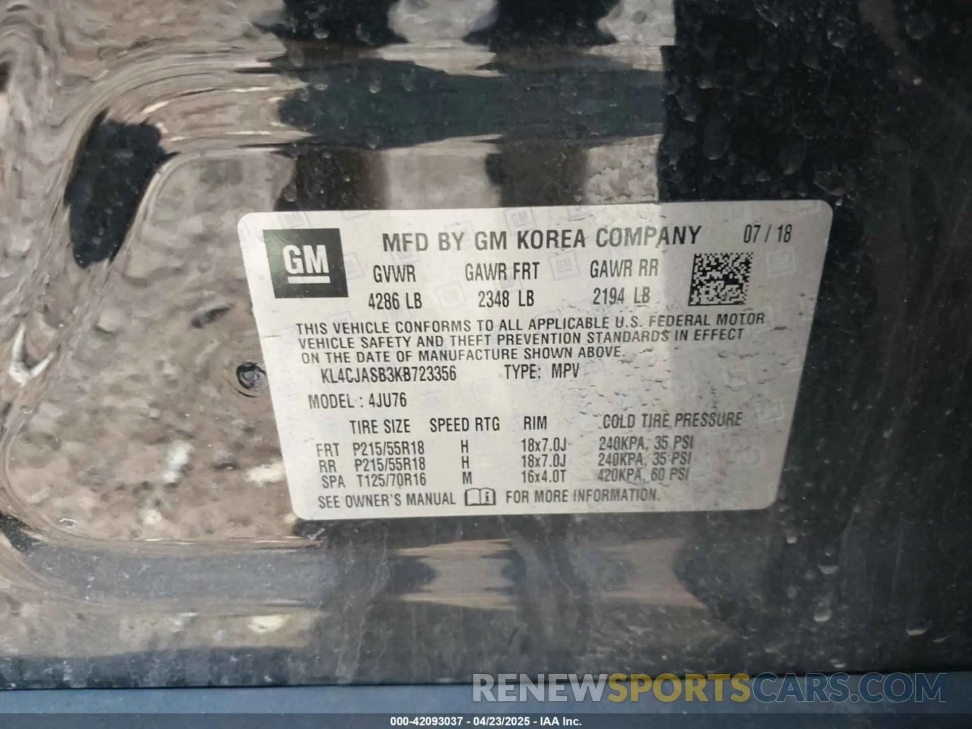 9 Фотография поврежденного автомобиля KL4CJASB3KB723356 BUICK ENCORE 2019