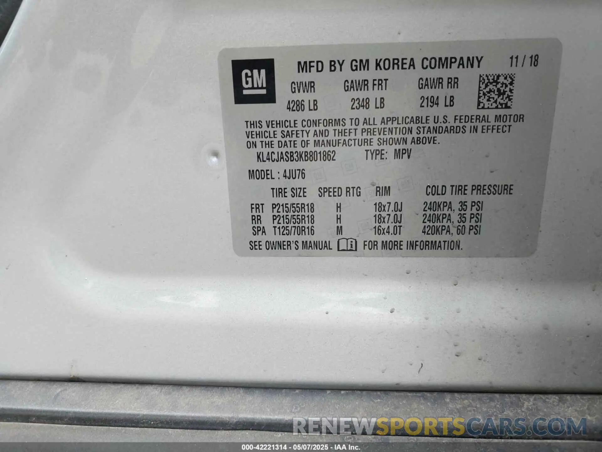 9 Фотография поврежденного автомобиля KL4CJASB3KB801862 BUICK ENCORE 2019