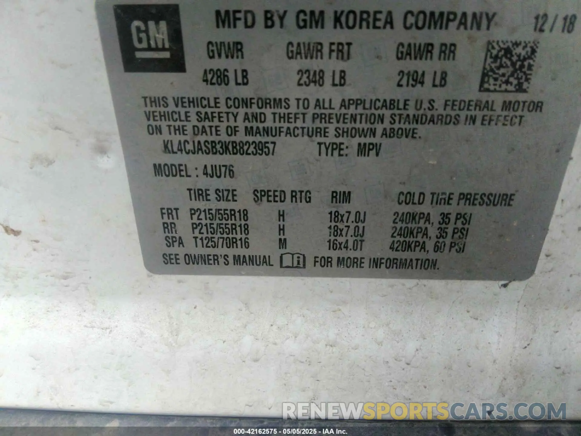 9 Фотография поврежденного автомобиля KL4CJASB3KB823957 BUICK ENCORE 2019