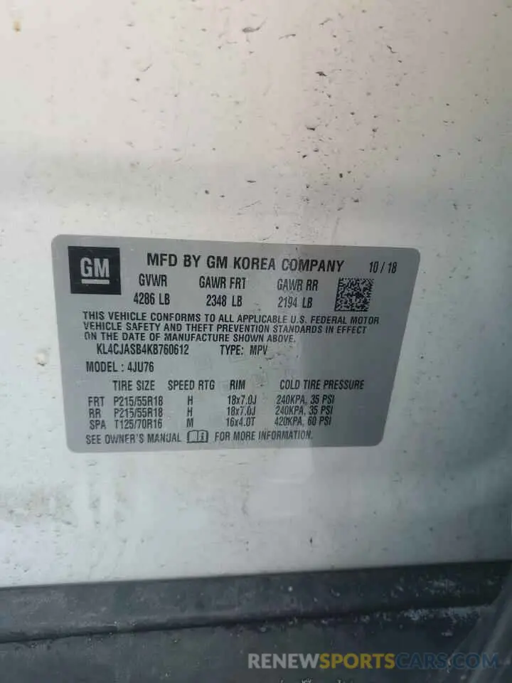 12 Фотография поврежденного автомобиля KL4CJASB4KB760612 BUICK ENCORE 2019