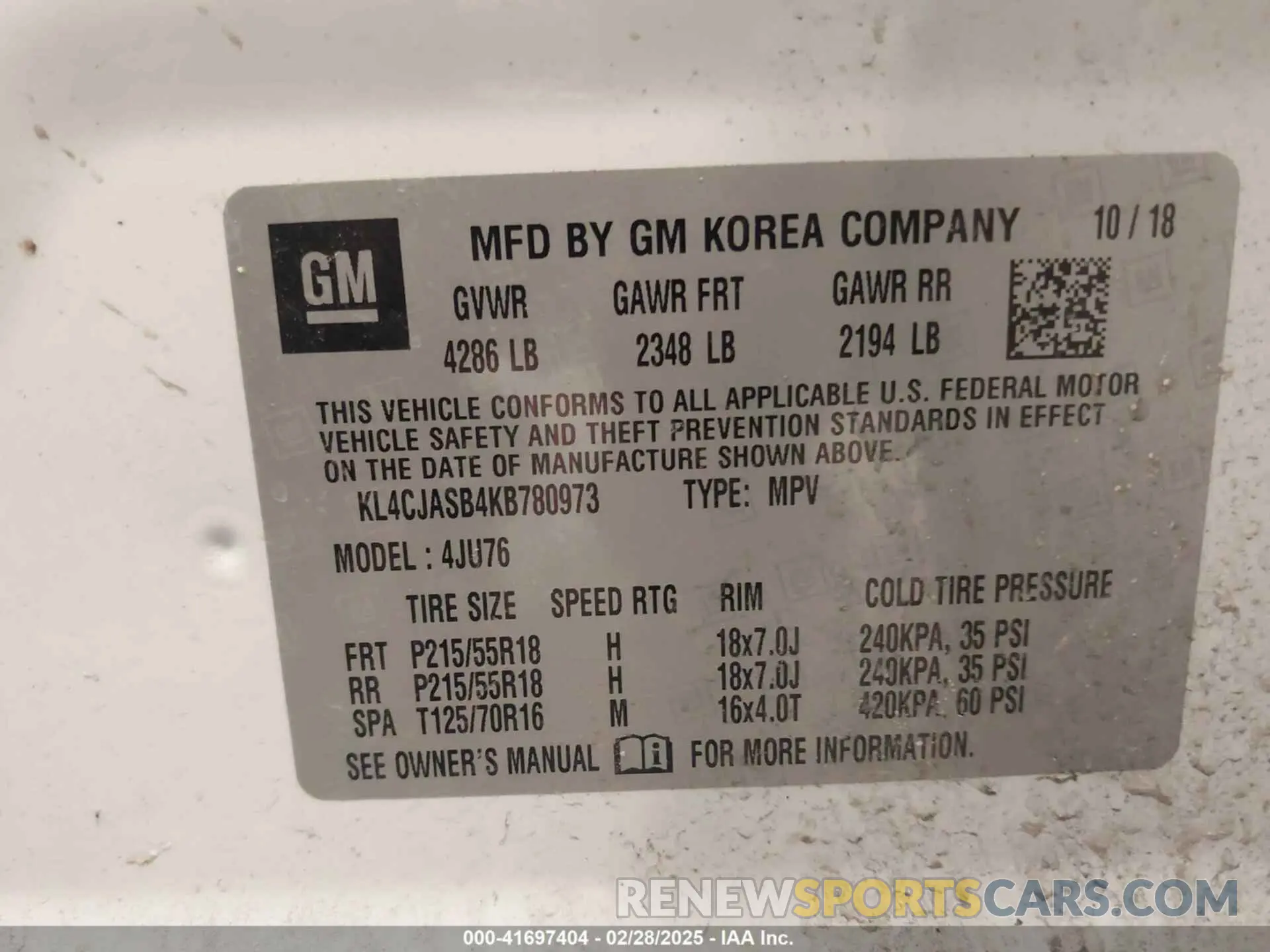 9 Фотография поврежденного автомобиля KL4CJASB4KB780973 BUICK ENCORE 2019