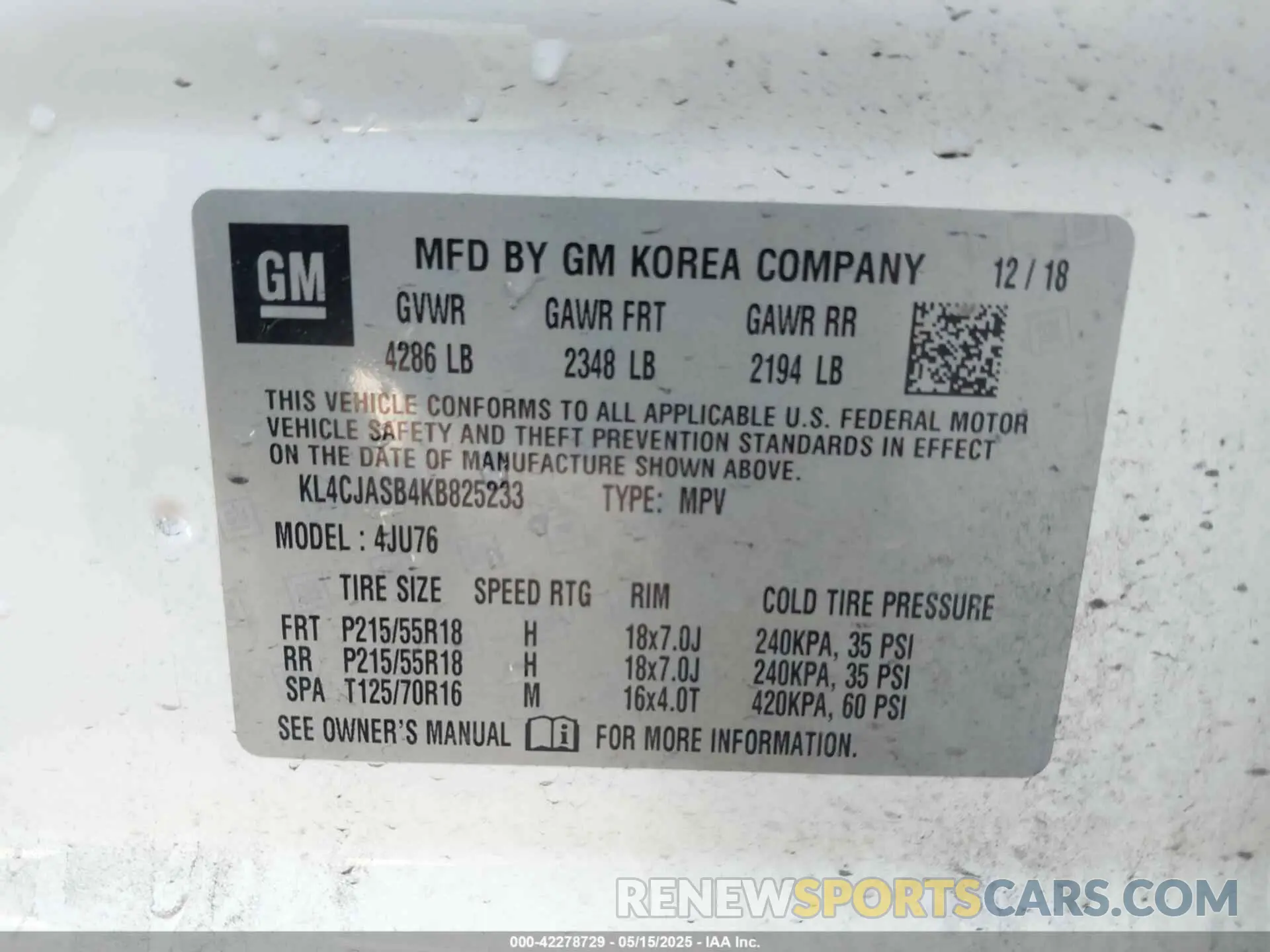 9 Фотография поврежденного автомобиля KL4CJASB4KB825233 BUICK ENCORE 2019