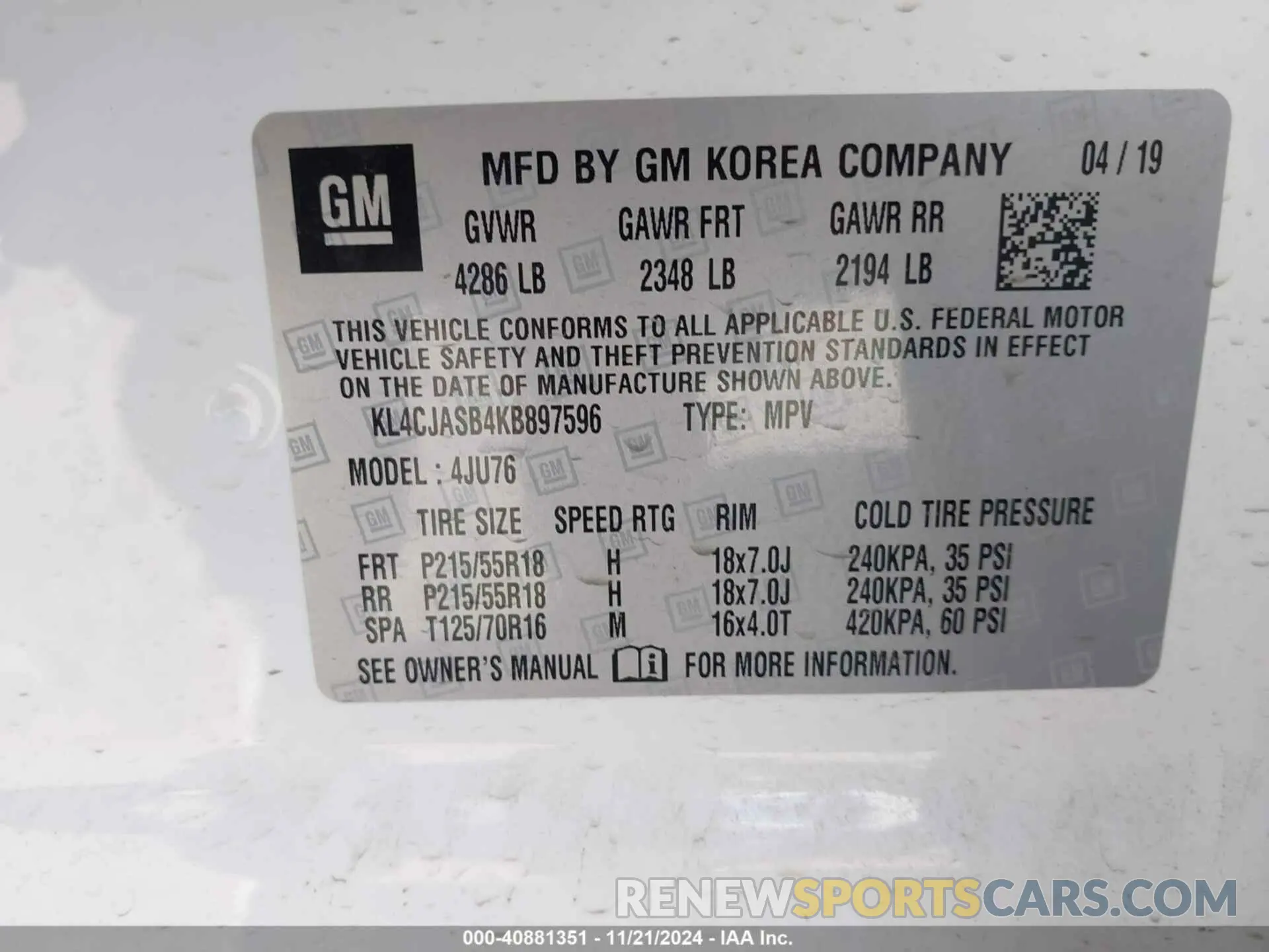 9 Photograph of a damaged car KL4CJASB4KB897596 BUICK ENCORE 2019