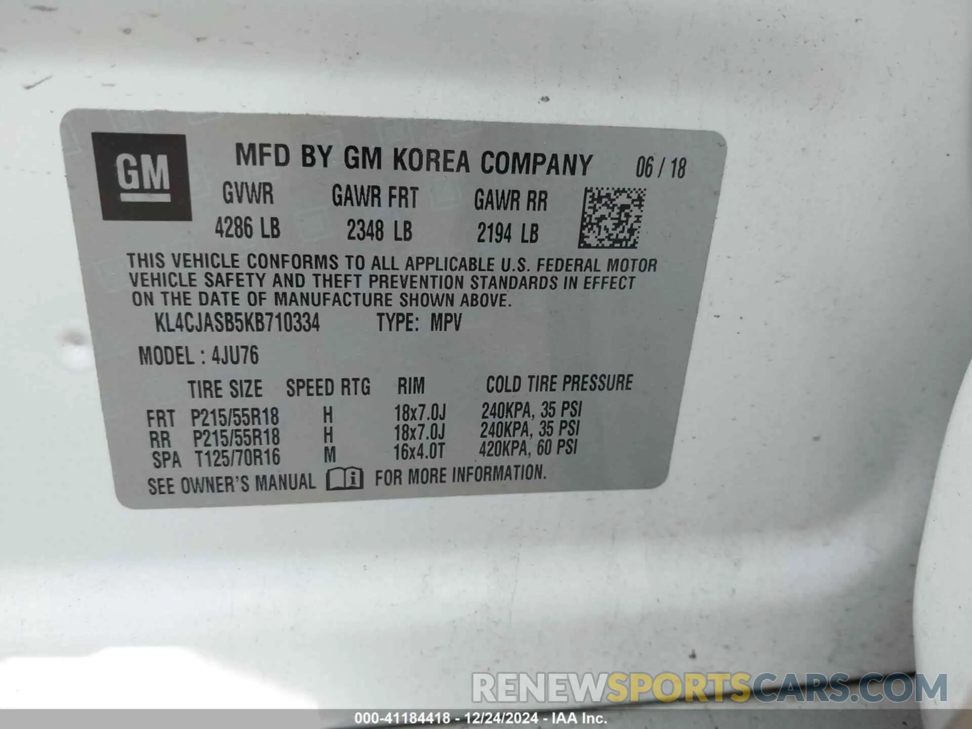 9 Фотография поврежденного автомобиля KL4CJASB5KB710334 BUICK ENCORE 2019