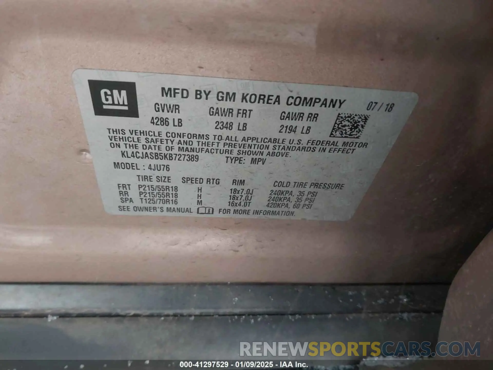 9 Photograph of a damaged car KL4CJASB5KB727389 BUICK ENCORE 2019