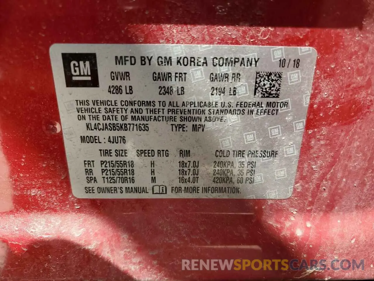 13 Photograph of a damaged car KL4CJASB5KB771635 BUICK ENCORE 2019