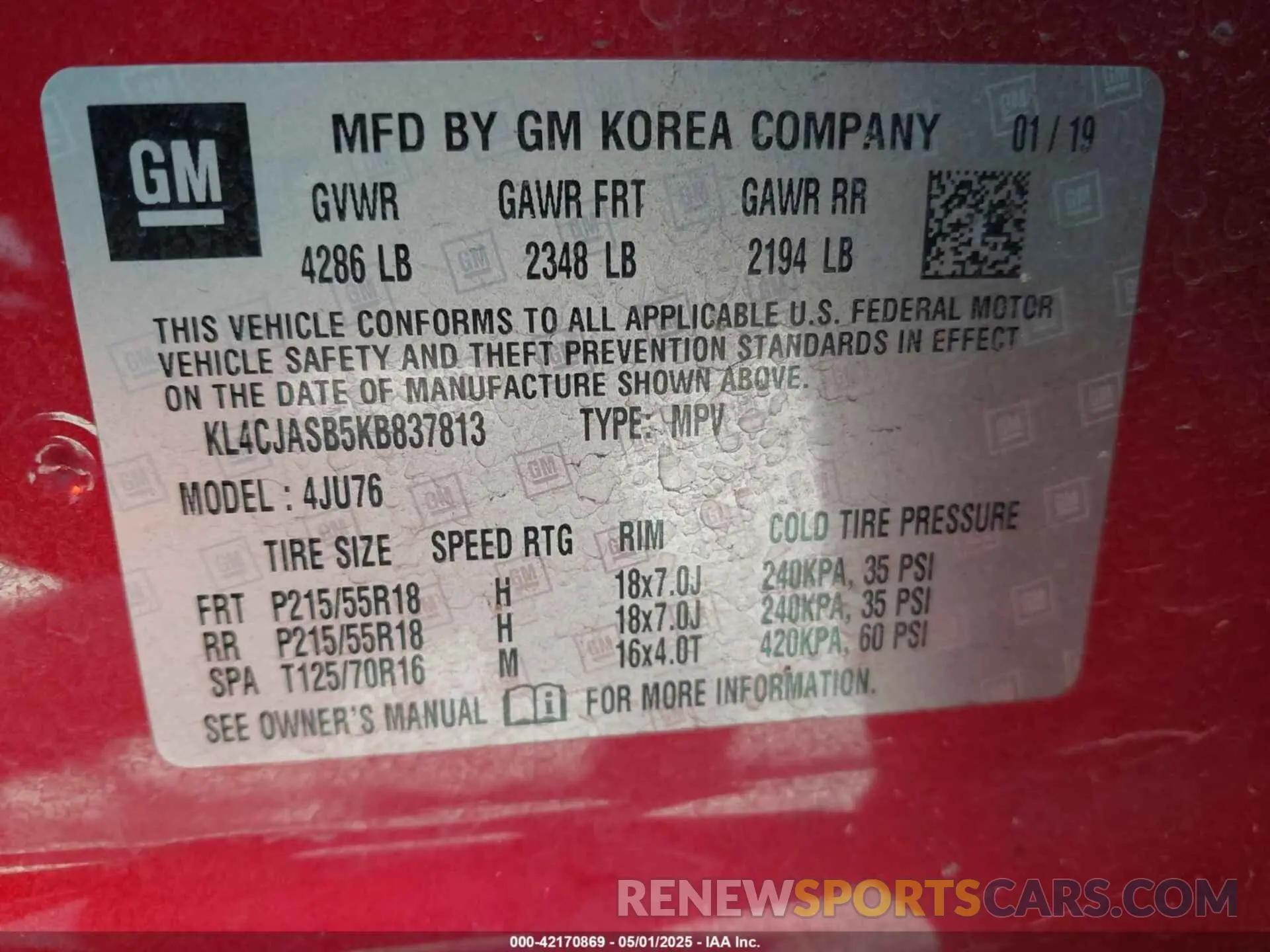 9 Фотография поврежденного автомобиля KL4CJASB5KB837813 BUICK ENCORE 2019