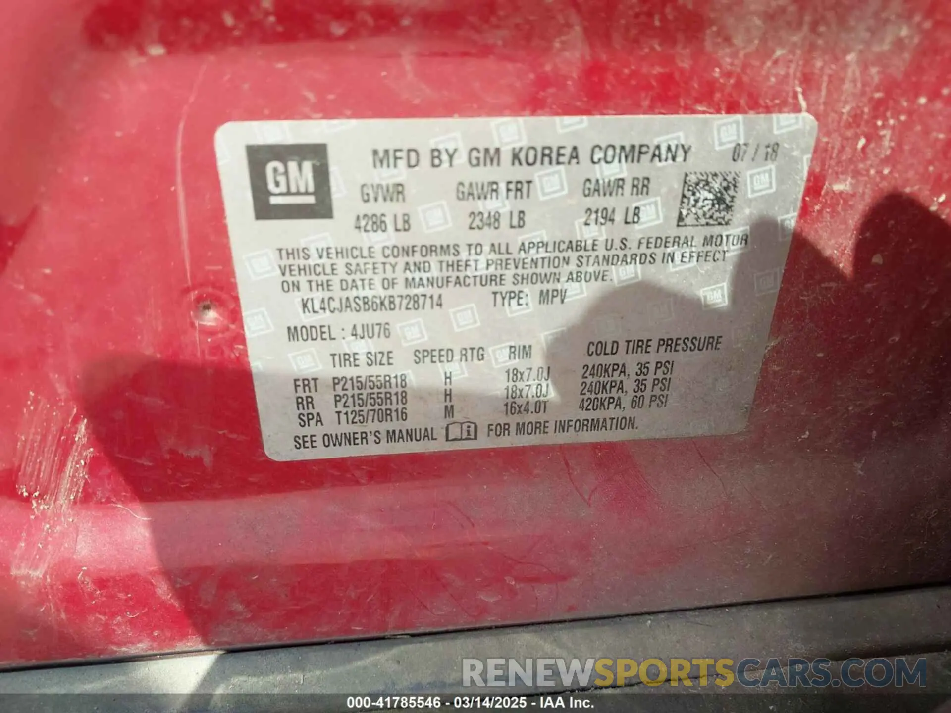 9 Фотография поврежденного автомобиля KL4CJASB6KB728714 BUICK ENCORE 2019