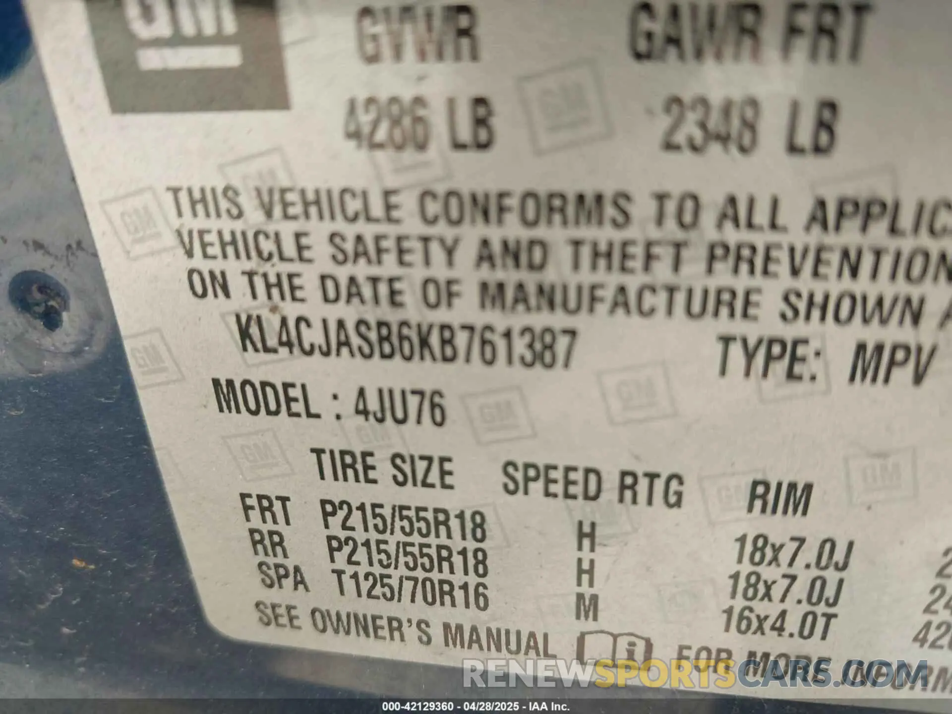9 Фотография поврежденного автомобиля KL4CJASB6KB761387 BUICK ENCORE 2019