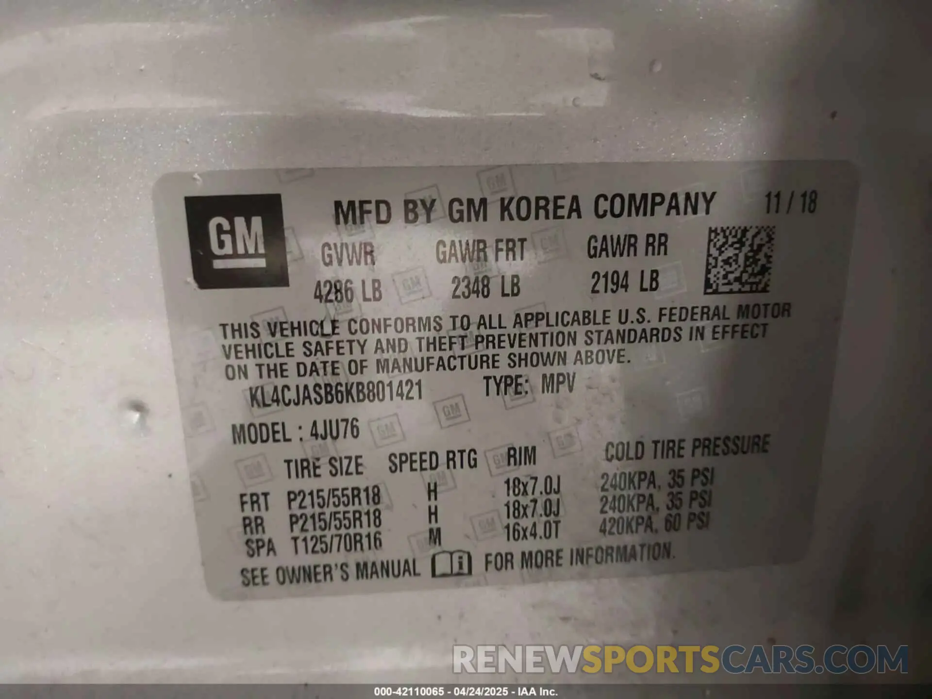 9 Фотография поврежденного автомобиля KL4CJASB6KB801421 BUICK ENCORE 2019