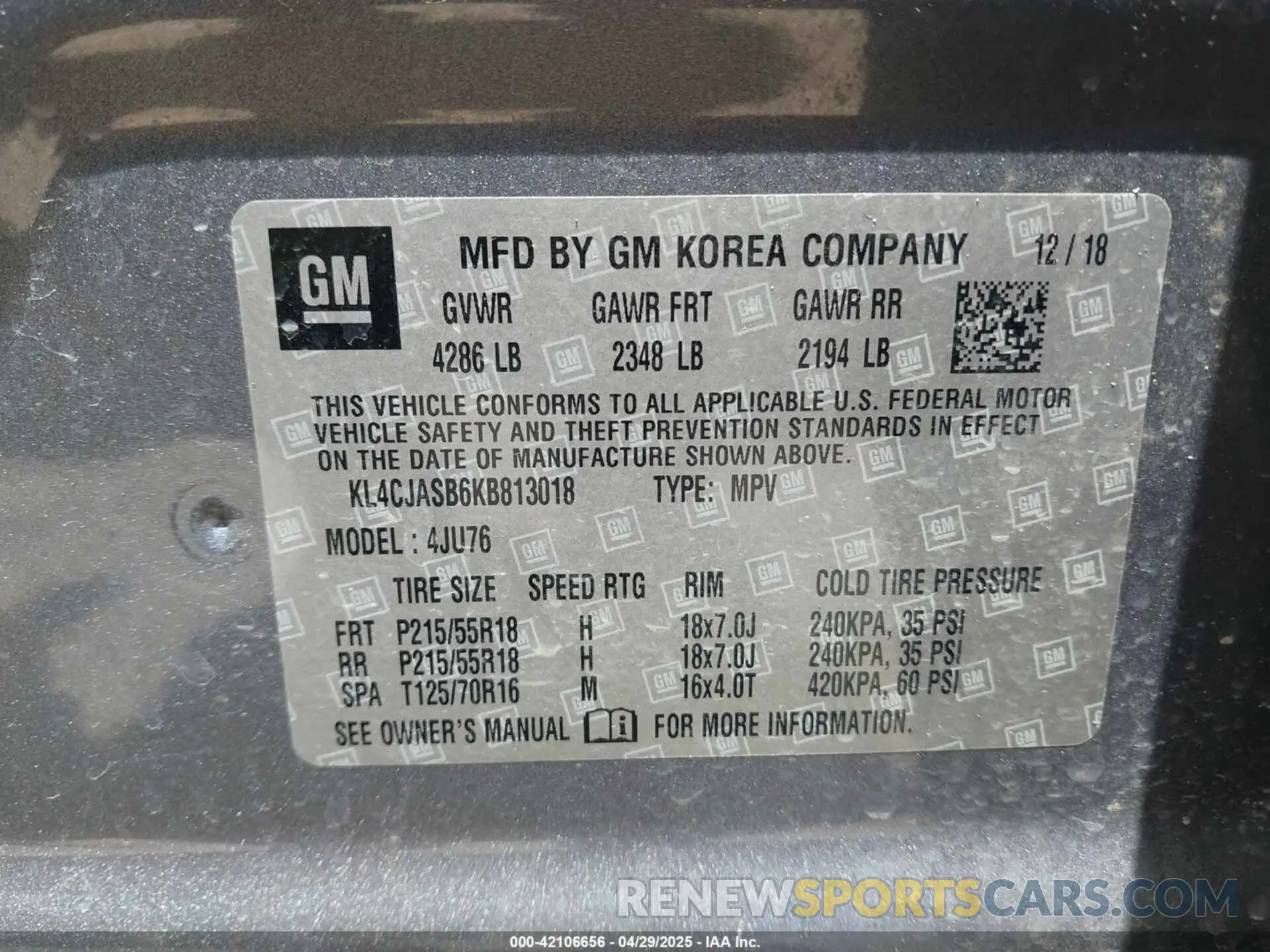 9 Фотография поврежденного автомобиля KL4CJASB6KB813018 BUICK ENCORE 2019