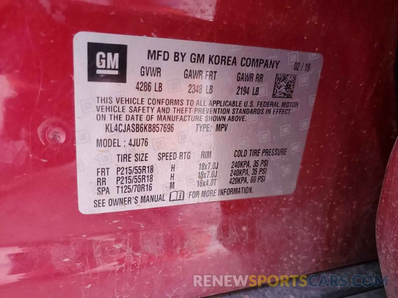 12 Фотография поврежденного автомобиля KL4CJASB6KB857696 BUICK ENCORE 2019