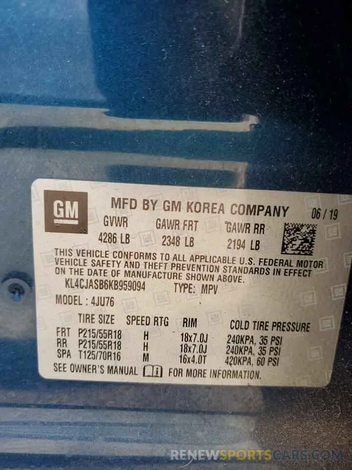 13 Фотография поврежденного автомобиля KL4CJASB6KB959094 BUICK ENCORE 2019