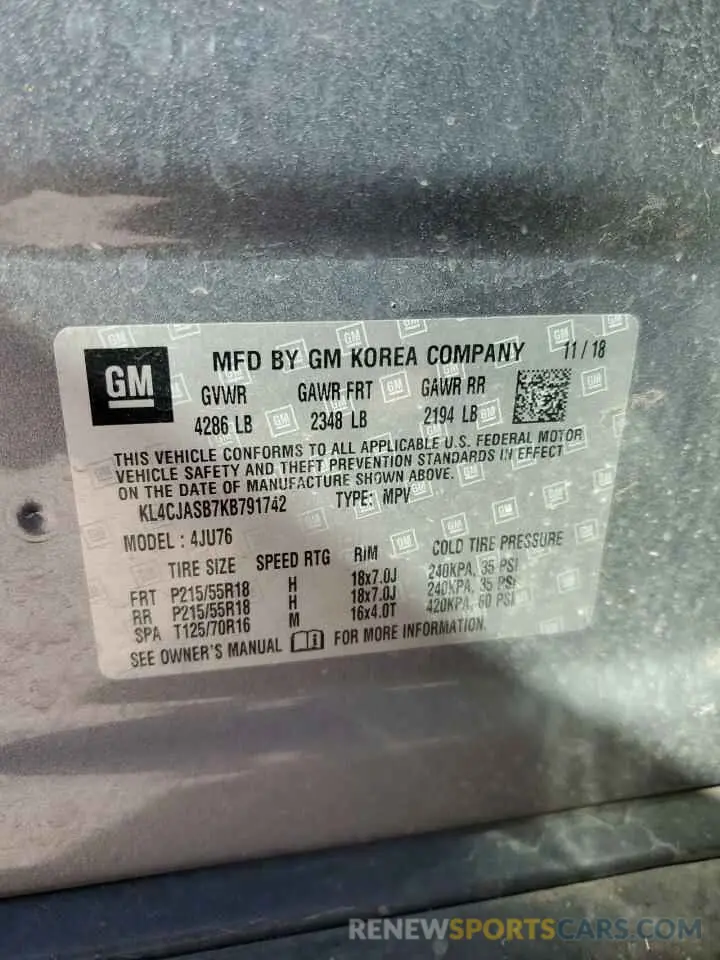12 Фотография поврежденного автомобиля KL4CJASB7KB791742 BUICK ENCORE 2019