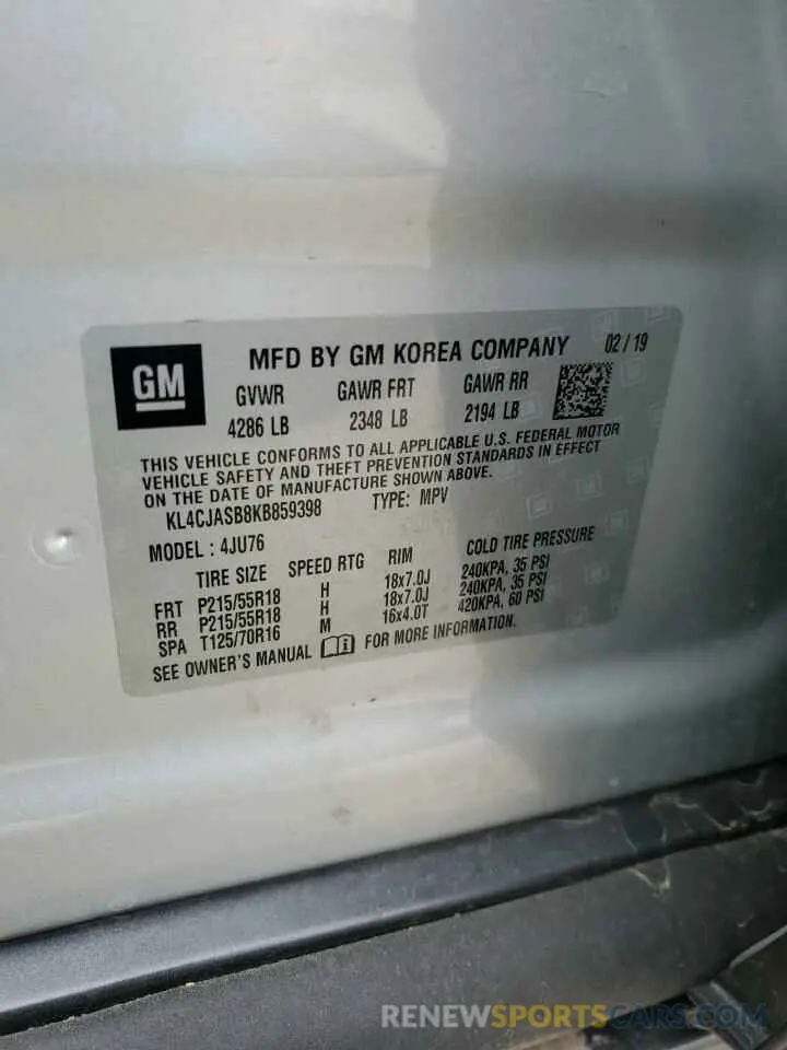 13 Фотография поврежденного автомобиля KL4CJASB8KB859398 BUICK ENCORE 2019