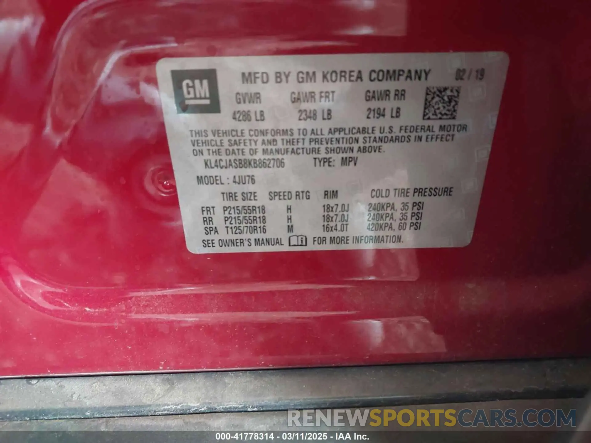 9 Фотография поврежденного автомобиля KL4CJASB8KB862706 BUICK ENCORE 2019