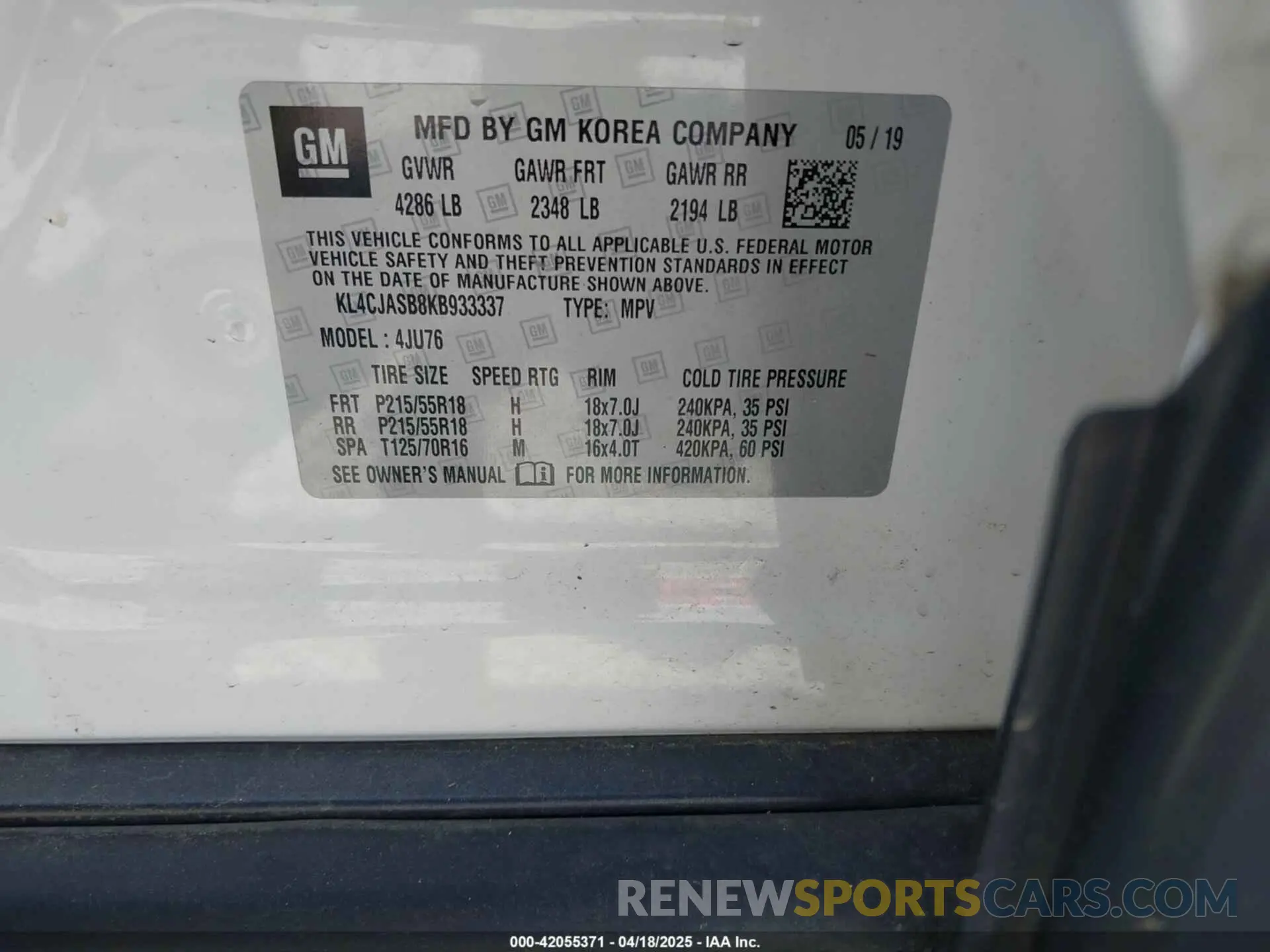 9 Фотография поврежденного автомобиля KL4CJASB8KB933337 BUICK ENCORE 2019