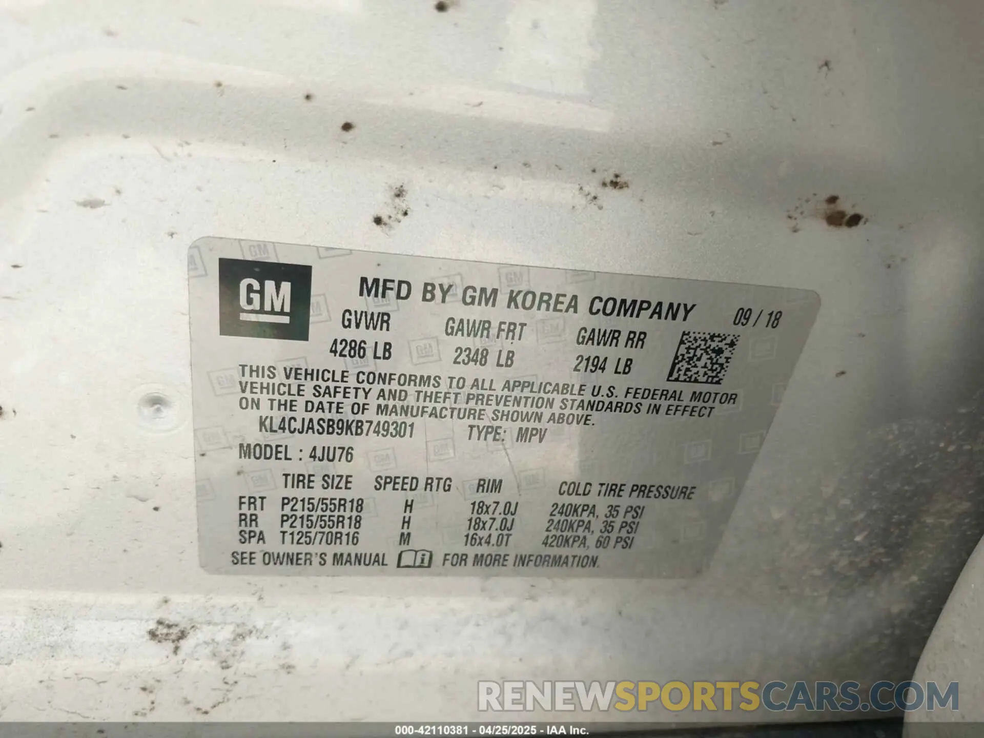 9 Фотография поврежденного автомобиля KL4CJASB9KB749301 BUICK ENCORE 2019