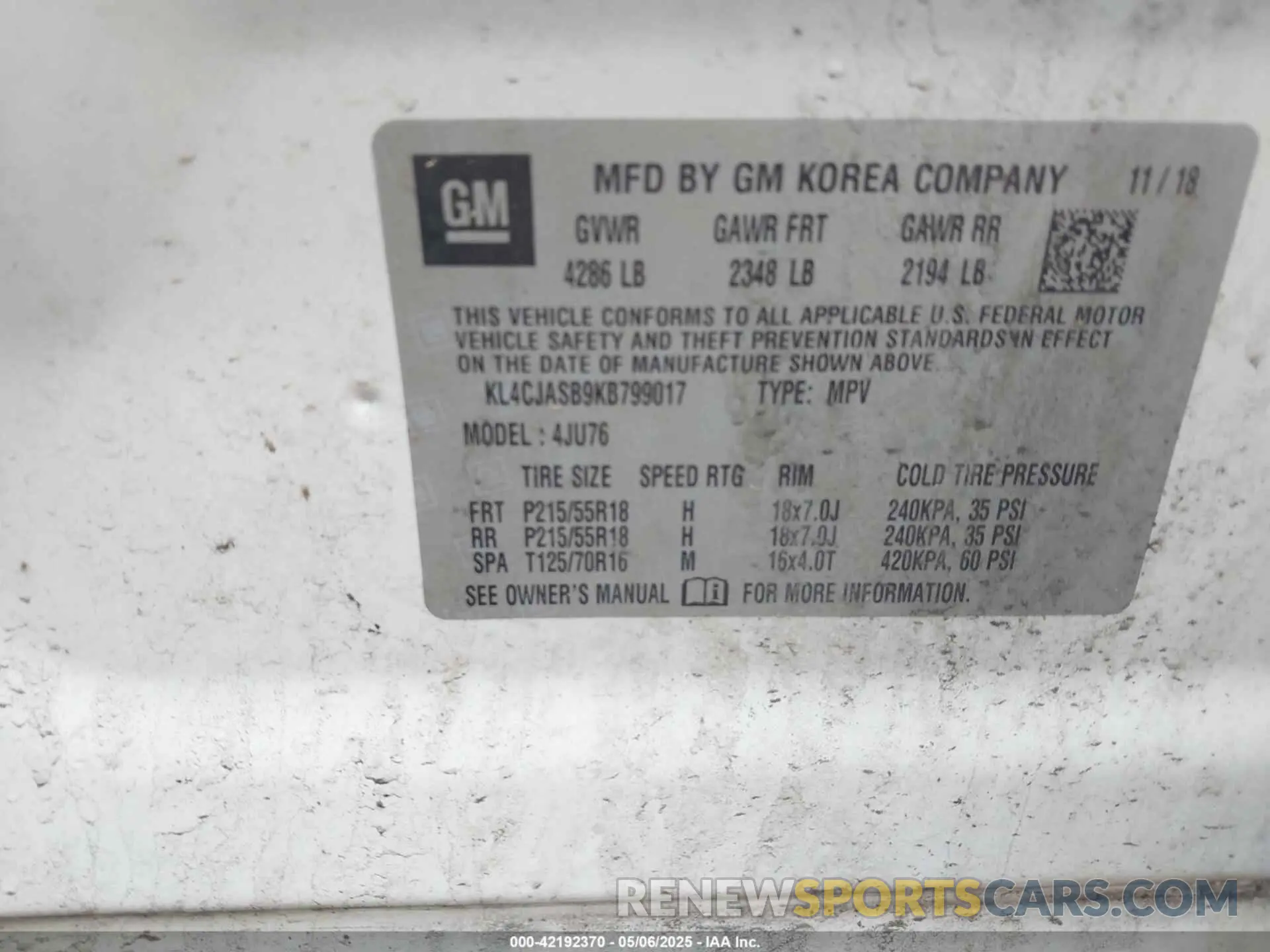 9 Фотография поврежденного автомобиля KL4CJASB9KB799017 BUICK ENCORE 2019