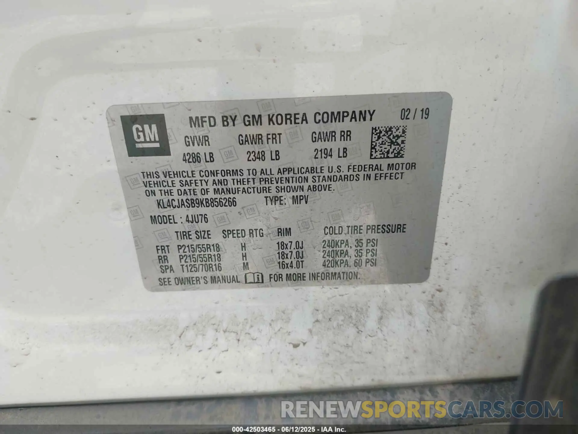 9 Фотография поврежденного автомобиля KL4CJASB9KB856266 BUICK ENCORE 2019
