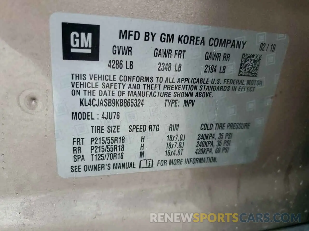 13 Фотография поврежденного автомобиля KL4CJASB9KB865324 BUICK ENCORE 2019