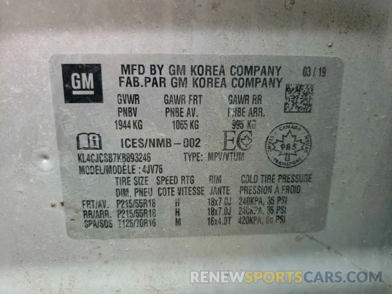 12 Photograph of a damaged car KL4CJCSB7KB893246 BUICK ENCORE 2019