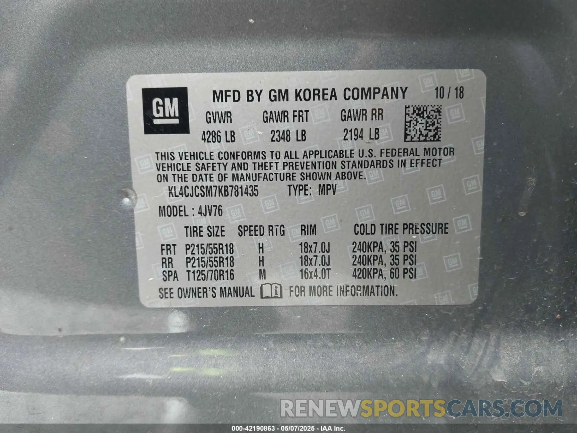 9 Фотография поврежденного автомобиля KL4CJCSM7KB781435 BUICK ENCORE 2019