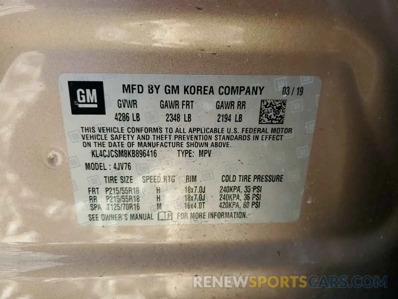 13 Фотография поврежденного автомобиля KL4CJCSM8KB896416 BUICK ENCORE 2019