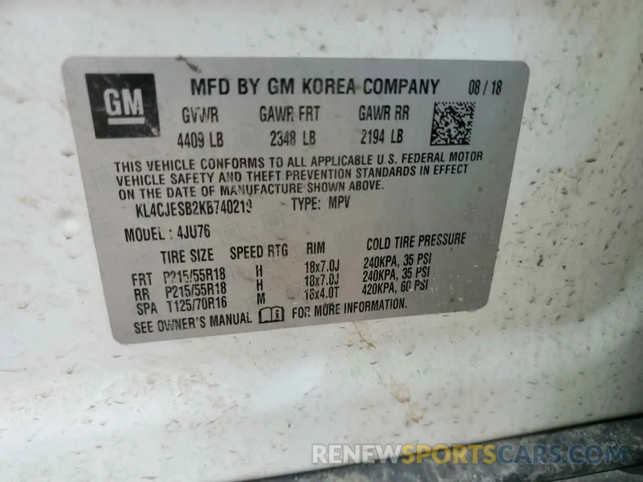 14 Фотография поврежденного автомобиля KL4CJESB2KB740219 BUICK ENCORE 2019