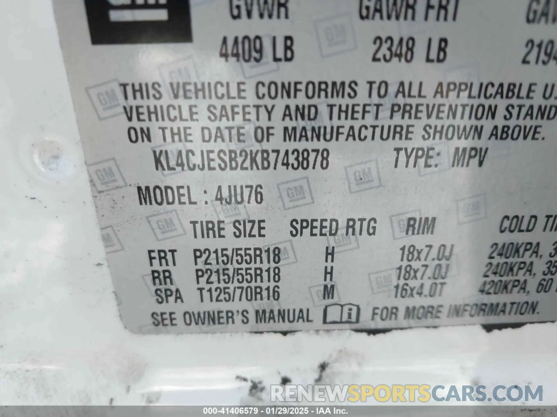 9 Фотография поврежденного автомобиля KL4CJESB2KB743878 BUICK ENCORE 2019