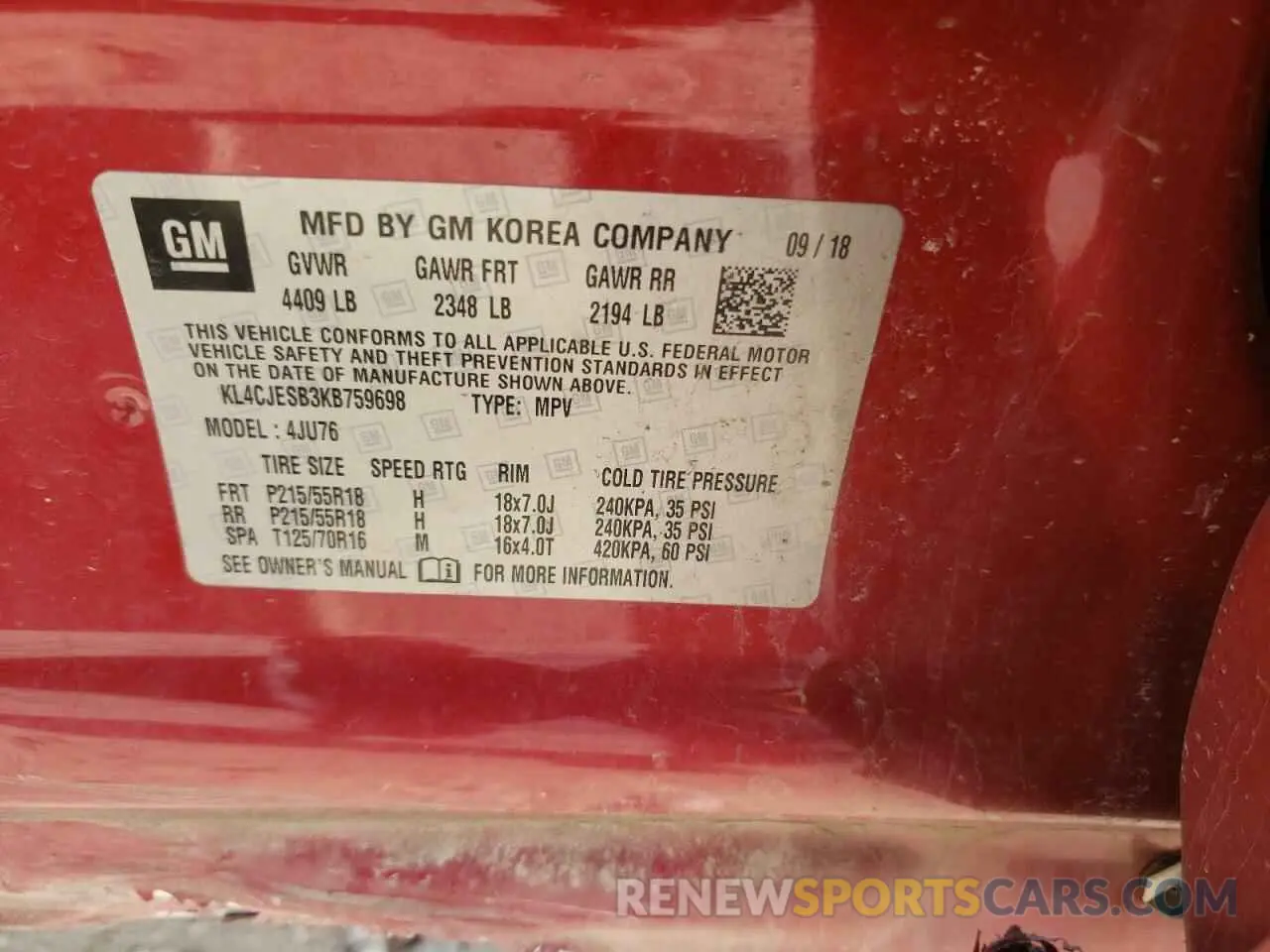 14 Фотография поврежденного автомобиля KL4CJESB3KB759698 BUICK ENCORE 2019
