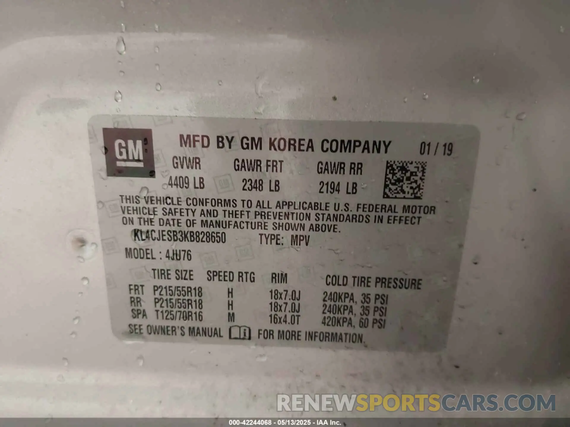 9 Фотография поврежденного автомобиля KL4CJESB3KB828650 BUICK ENCORE 2019