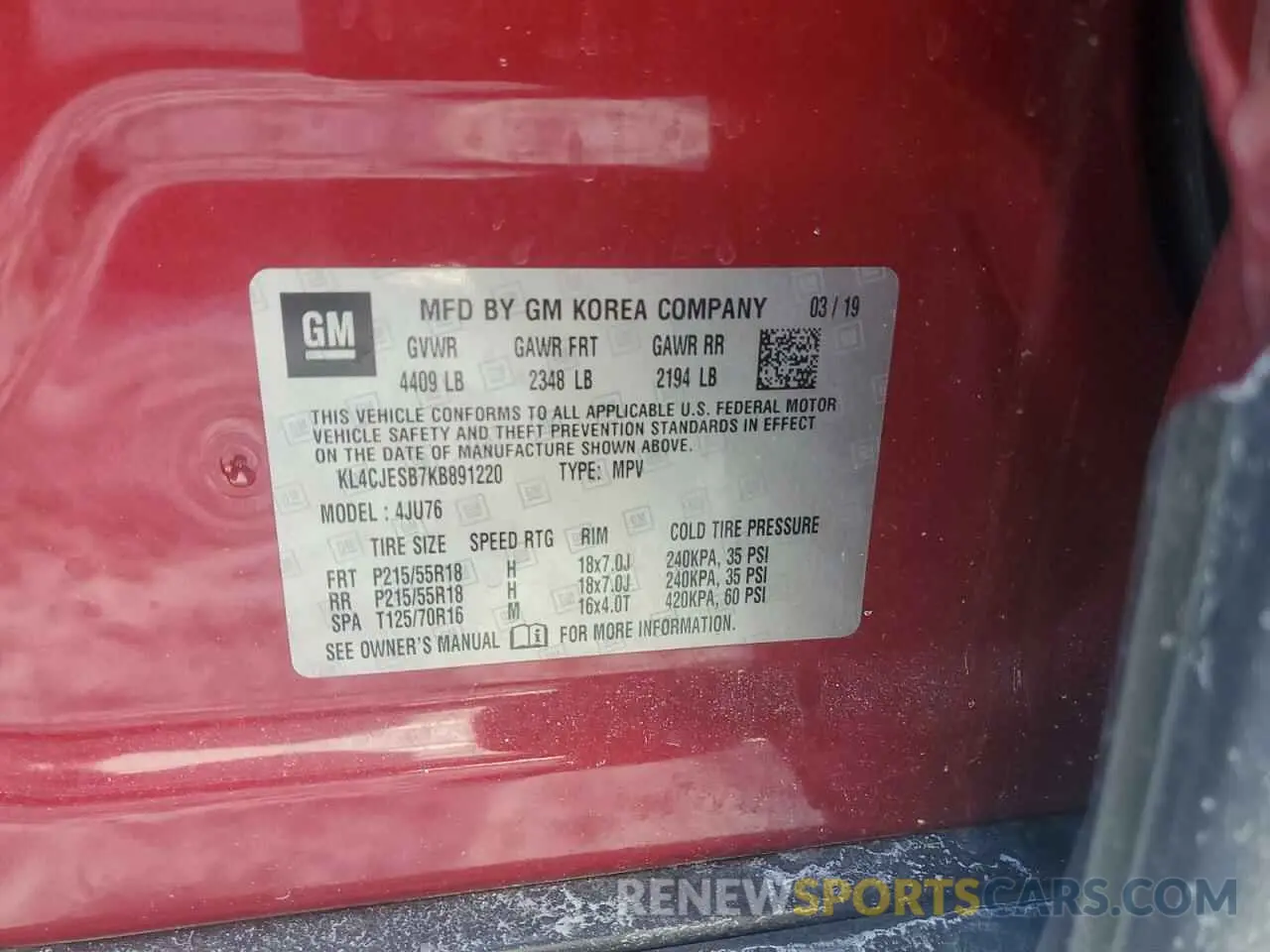 15 Photograph of a damaged car KL4CJESB7KB891220 BUICK ENCORE 2019
