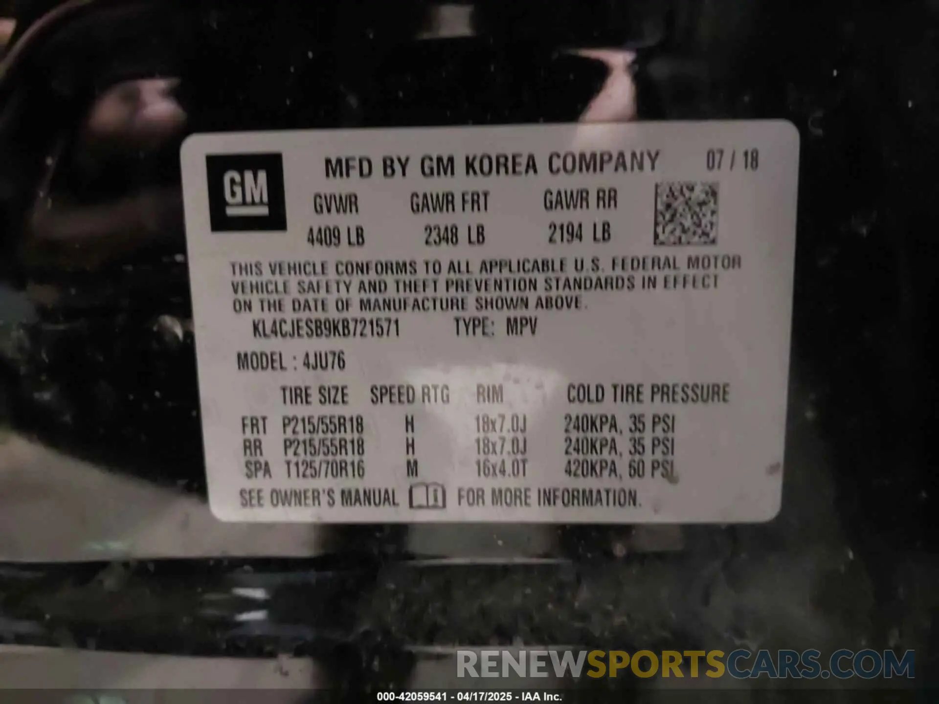 9 Фотография поврежденного автомобиля KL4CJESB9KB721571 BUICK ENCORE 2019