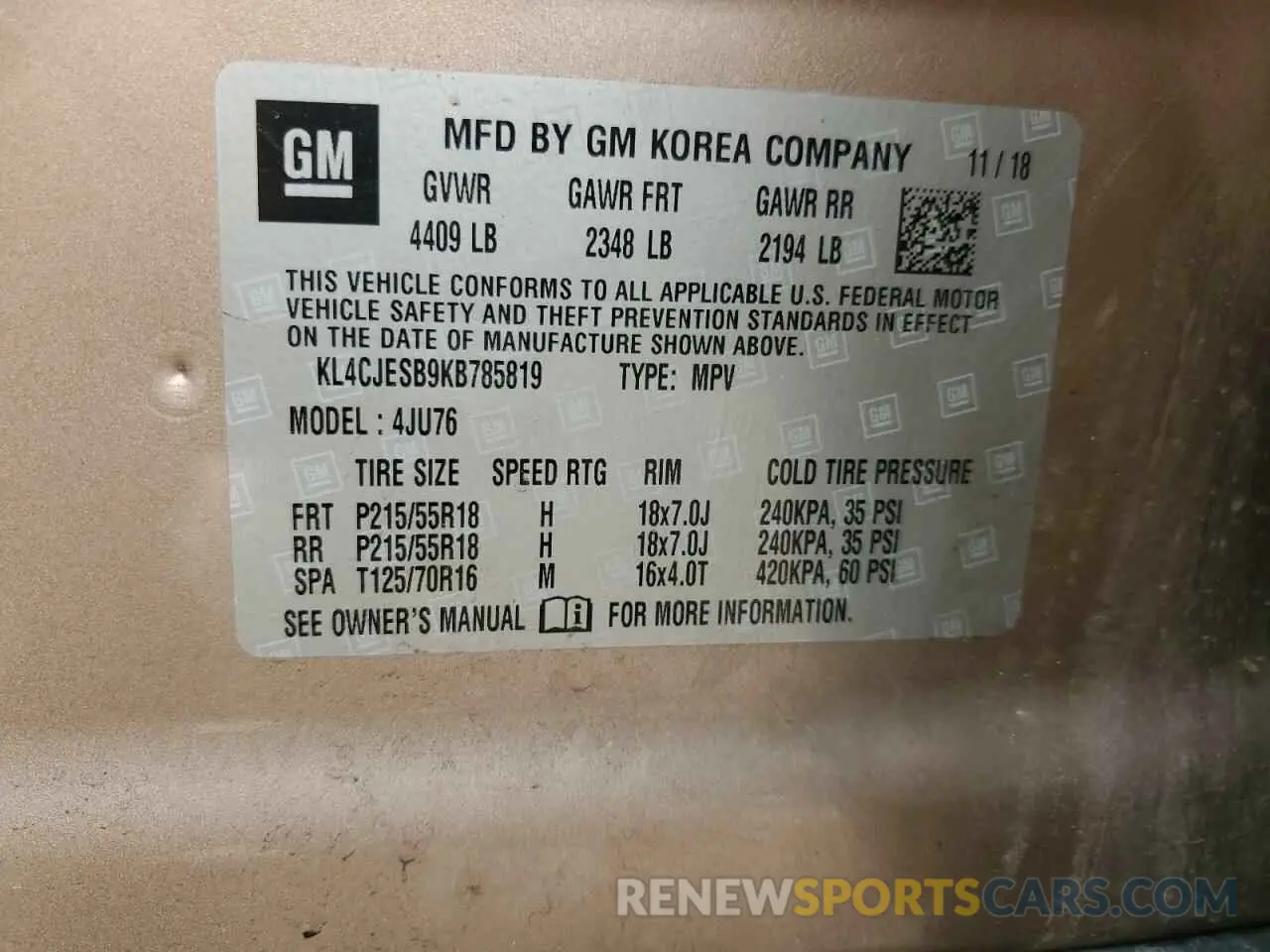 14 Фотография поврежденного автомобиля KL4CJESB9KB785819 BUICK ENCORE 2019