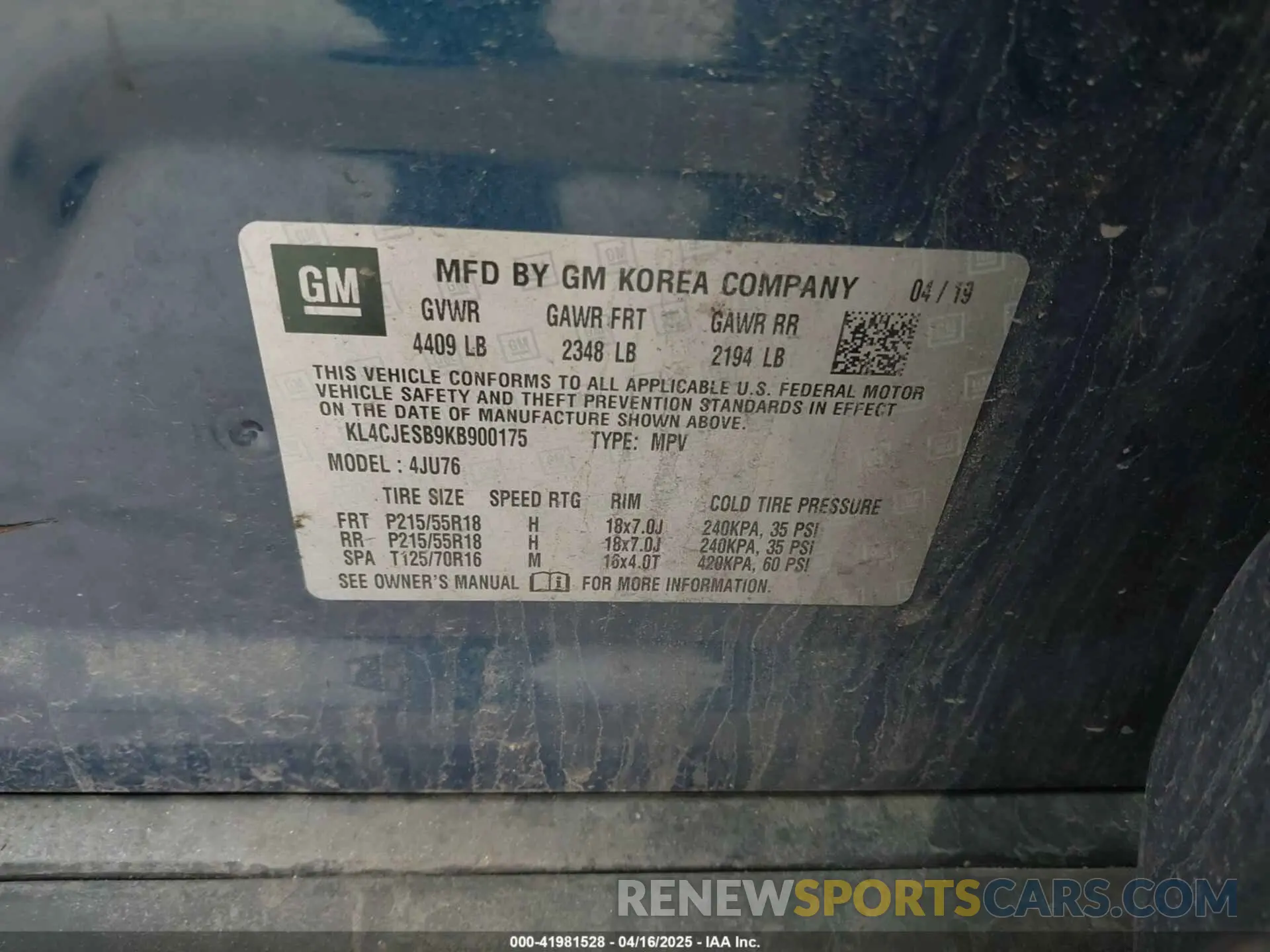 9 Photograph of a damaged car KL4CJESB9KB900175 BUICK ENCORE 2019