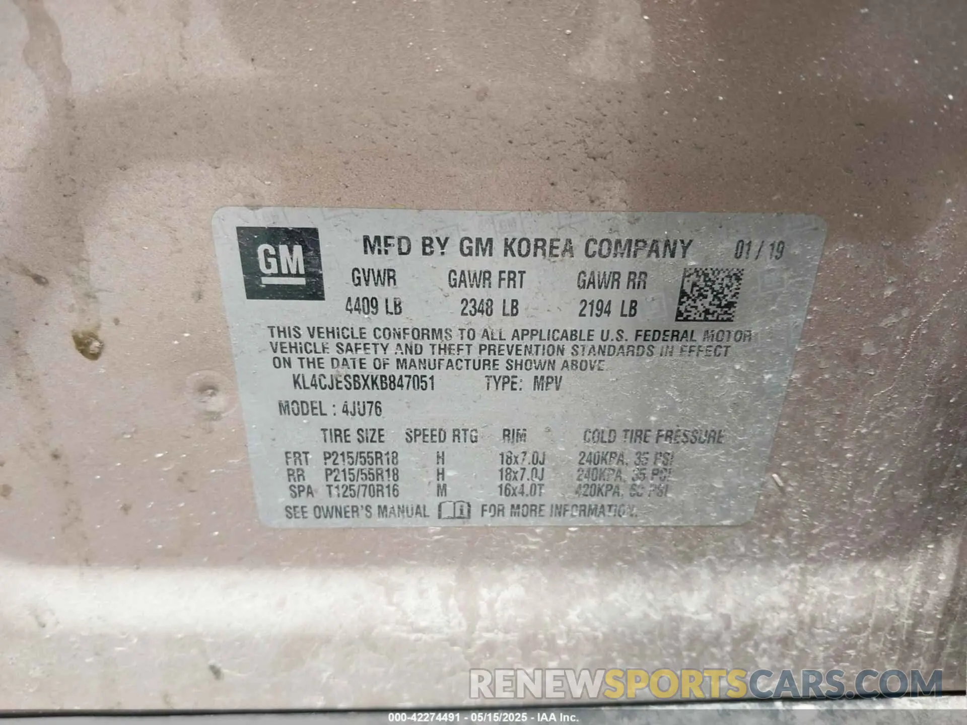 9 Photograph of a damaged car KL4CJESBXKB847051 BUICK ENCORE 2019