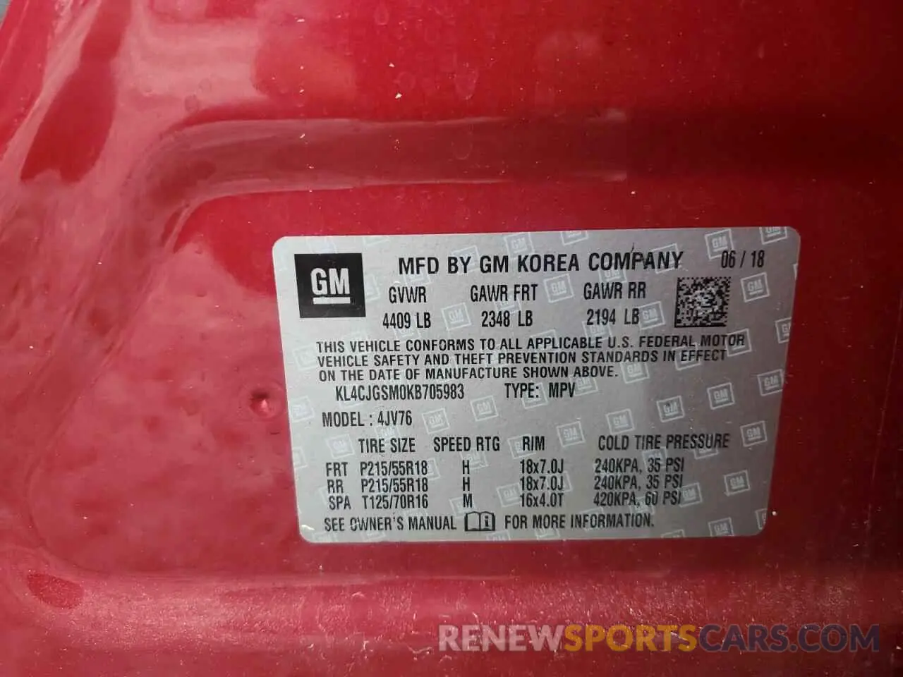13 Фотография поврежденного автомобиля KL4CJGSM0KB705983 BUICK ENCORE 2019