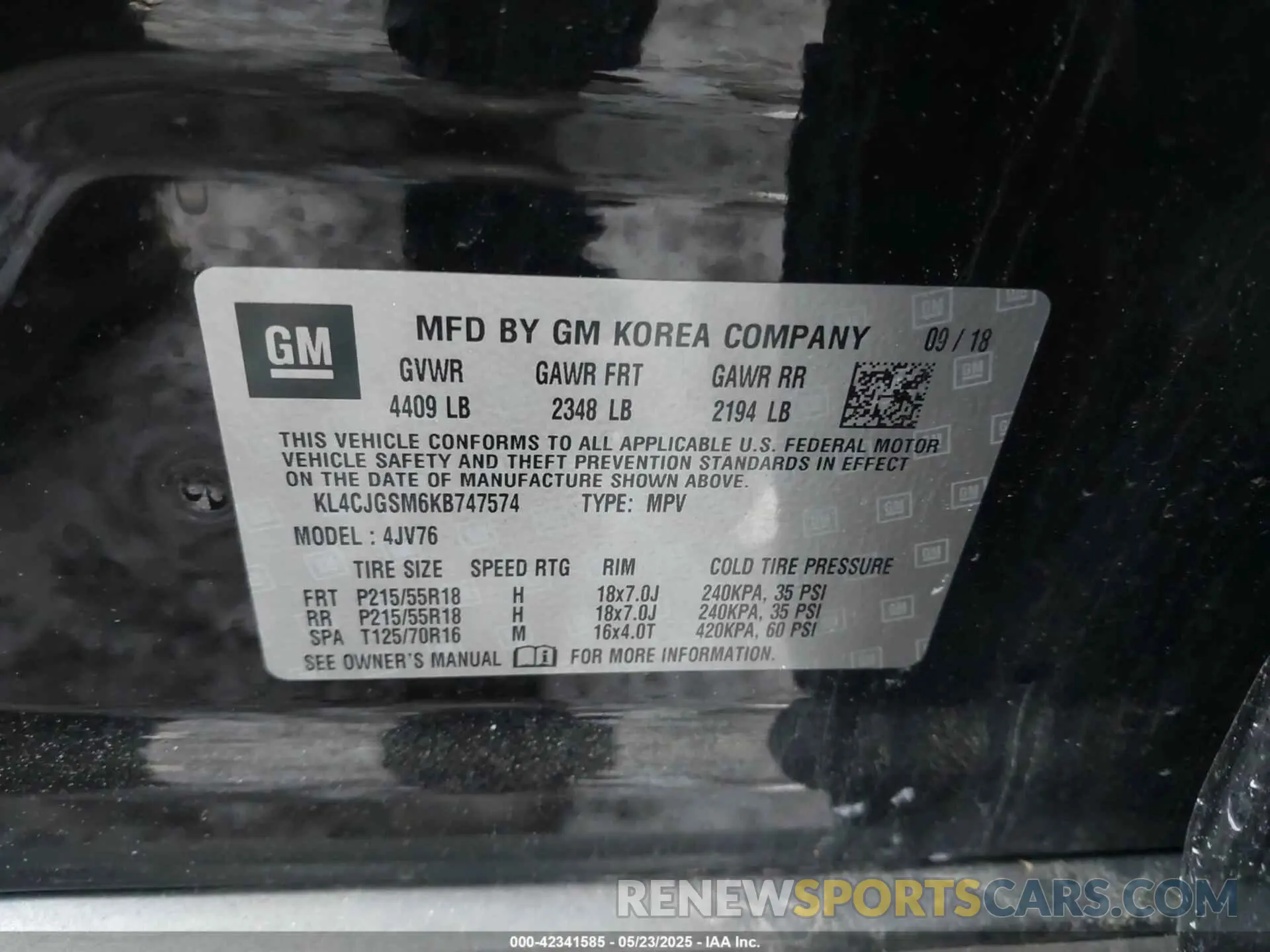9 Фотография поврежденного автомобиля KL4CJGSM6KB747574 BUICK ENCORE 2019