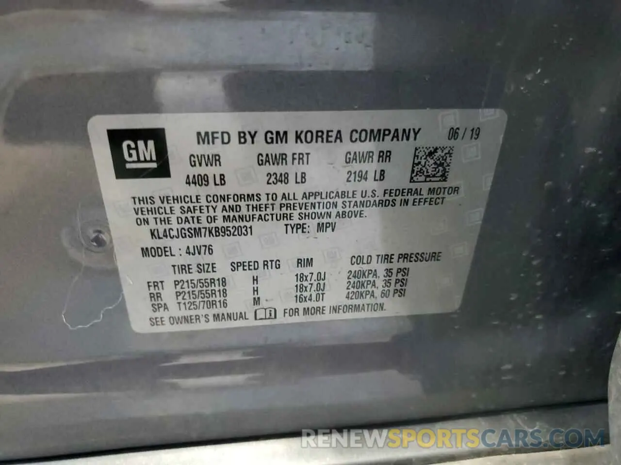 14 Фотография поврежденного автомобиля KL4CJGSM7KB952031 BUICK ENCORE 2019