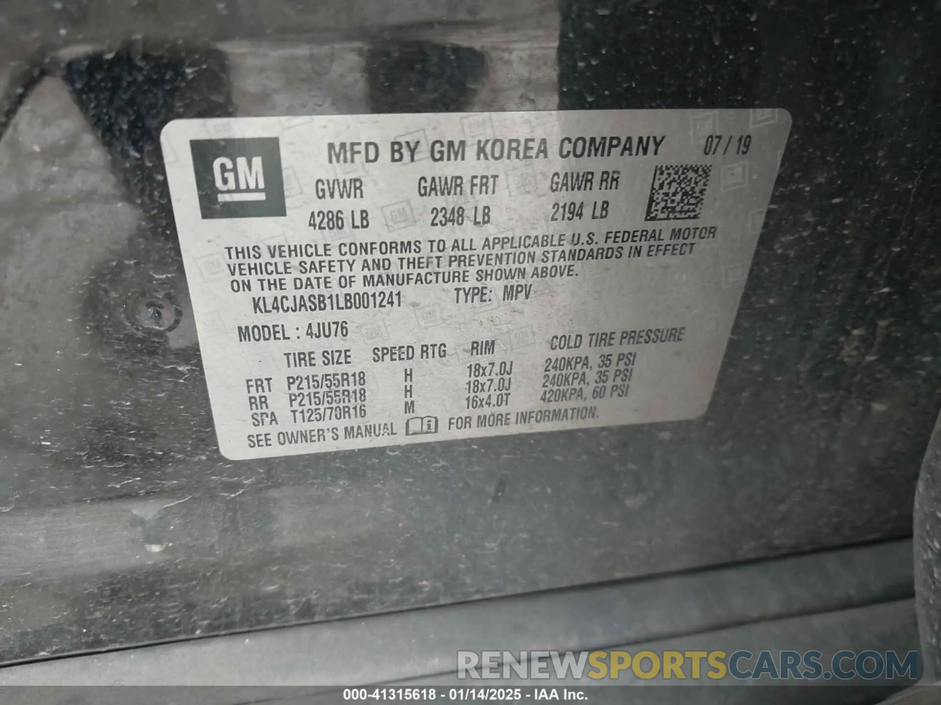 9 Фотография поврежденного автомобиля KL4CJASB1LB001241 BUICK ENCORE 2020